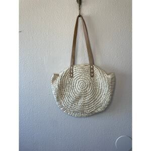 BOHO Resort Style Straw Circle Handbag Purse W/ Faux Leather Strap